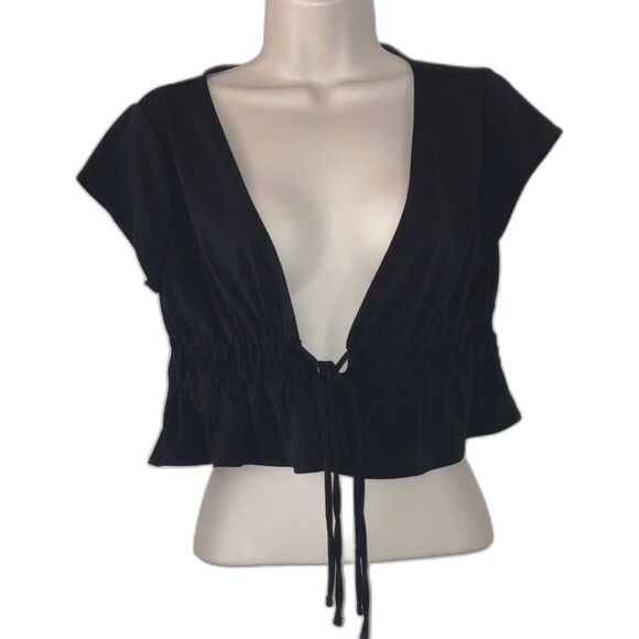 Crop Top Black Peplum Tie Front Babydoll Short Sleeve FOREVER 21 Womens Medium - Picture 1 of 10
